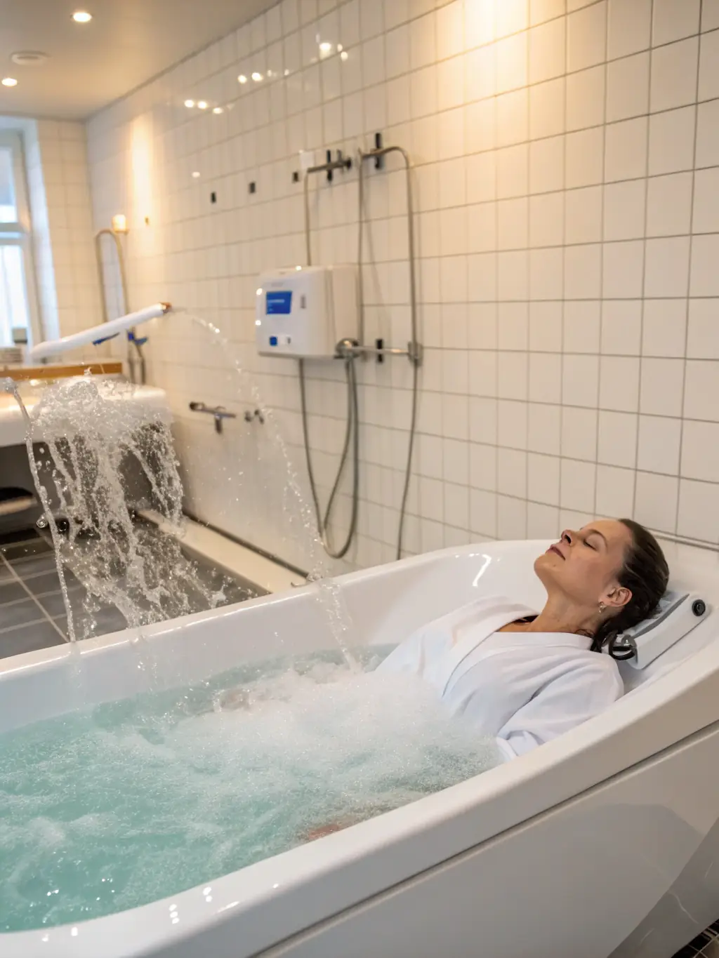 A patient undergoing hydrotherapy in a specialized pool, showcasing the benefits of water-based rehabilitation for joint pain and mobility issues. The setting is clean and therapeutic.