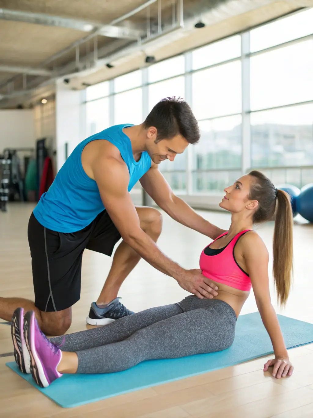 A physiotherapist guiding a young athlete through a series of exercises designed to improve performance and prevent sports-related injuries. The background is a modern gym setting.