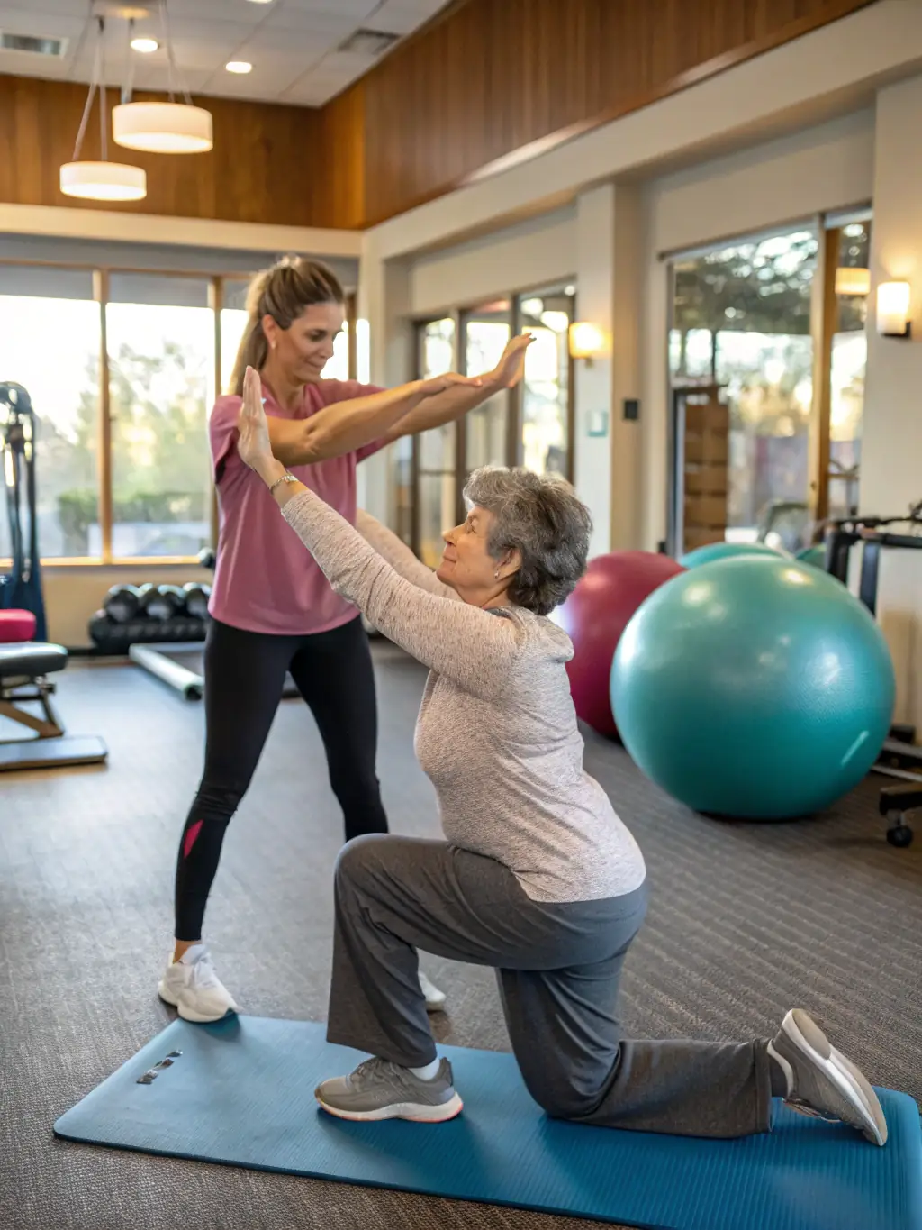 A physiotherapist demonstrating stretching exercises to a patient in a gym setting, emphasizing injury prevention techniques.