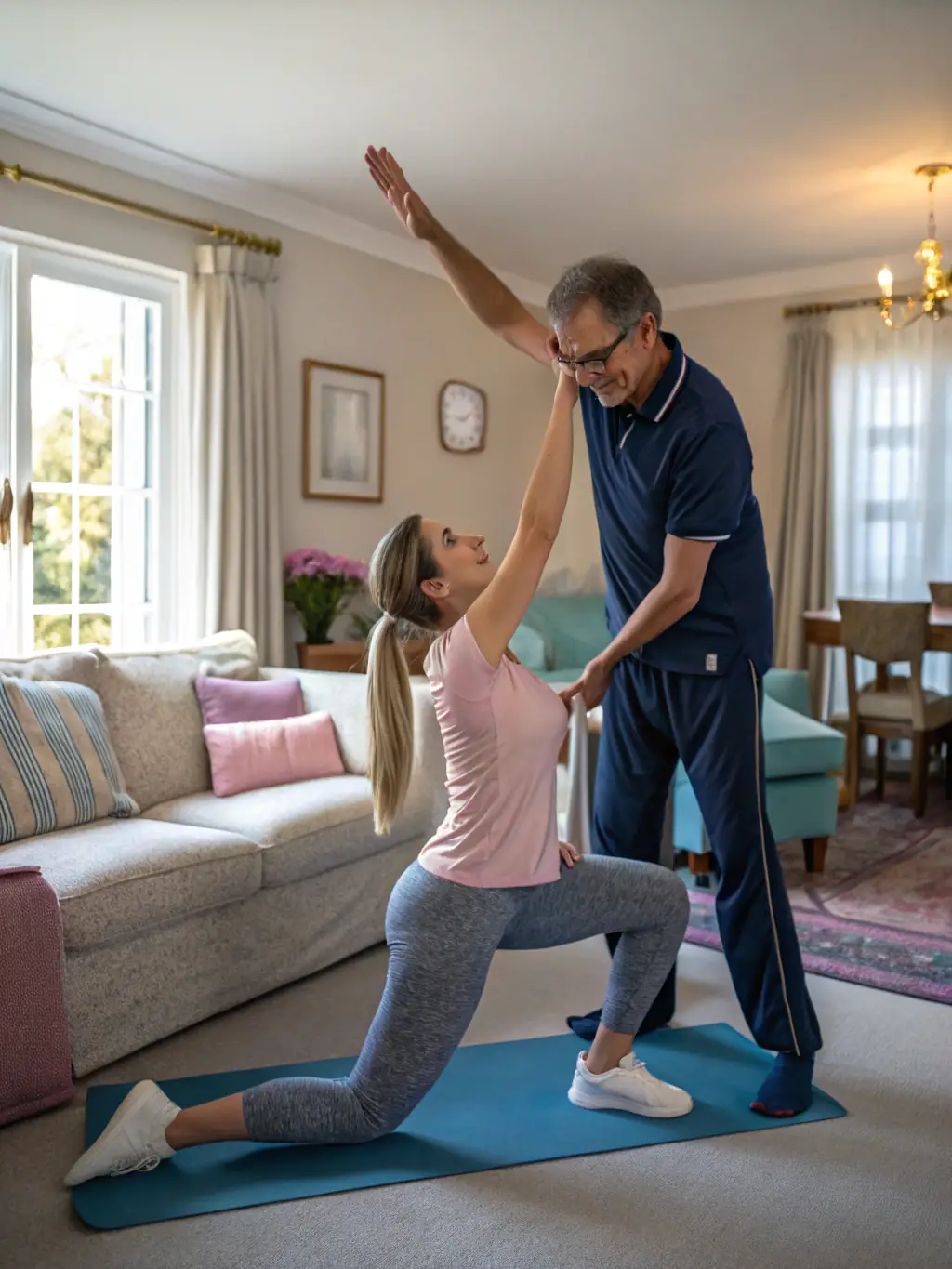 A patient performing guided exercises with a physiotherapist in a rehabilitation gym, focusing on restoring function and mobility.