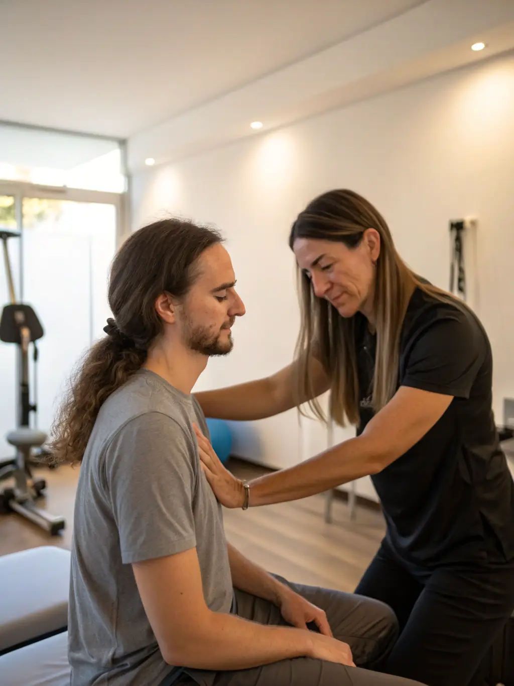 An elderly patient receiving gentle manual therapy from a physiotherapist, aimed at improving mobility and reducing pain associated with age-related conditions. The atmosphere is calm and supportive.