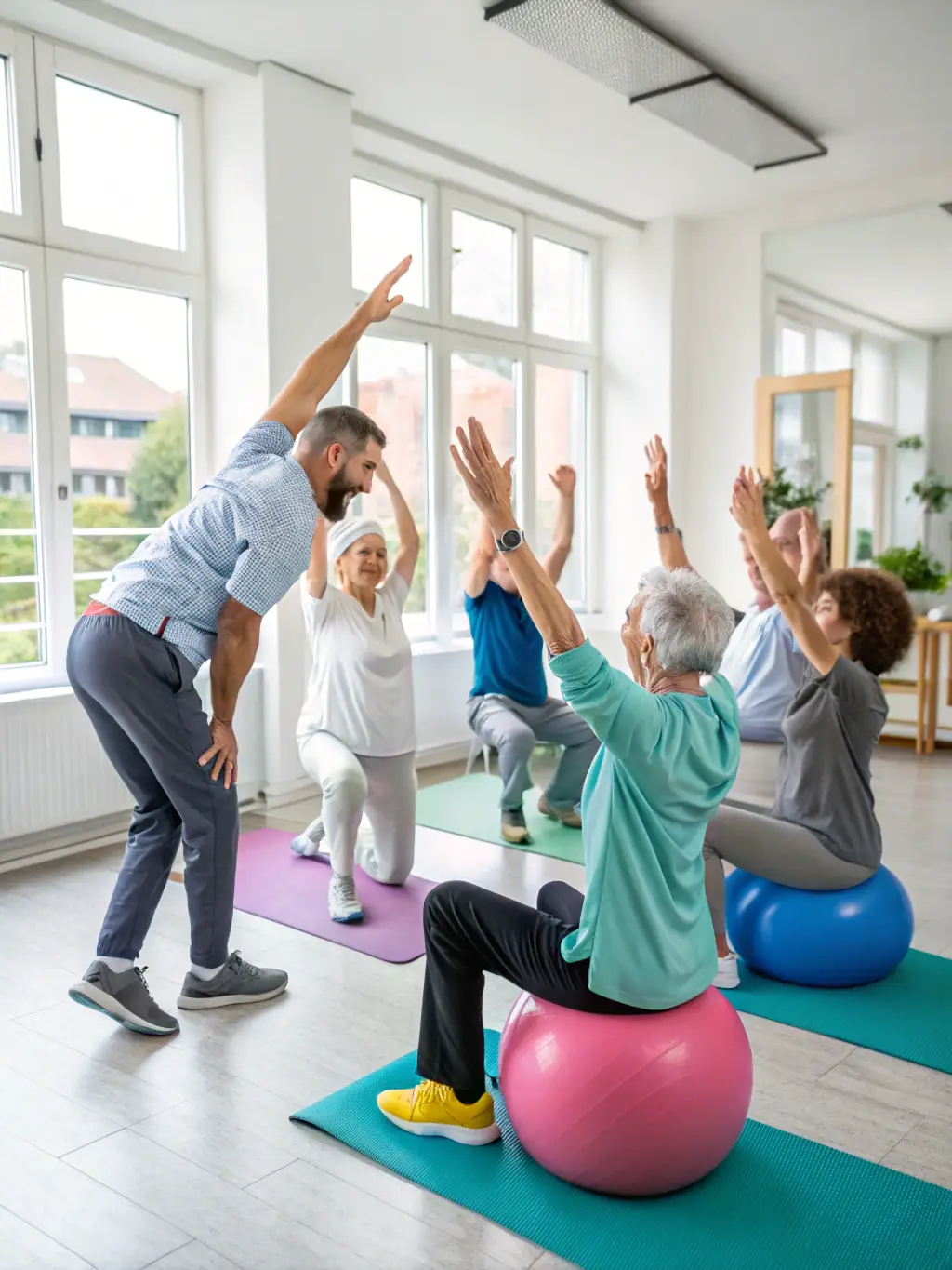 A diverse group of people participating in a group fitness class, led by a physiotherapist, promoting community wellness and preventative care.