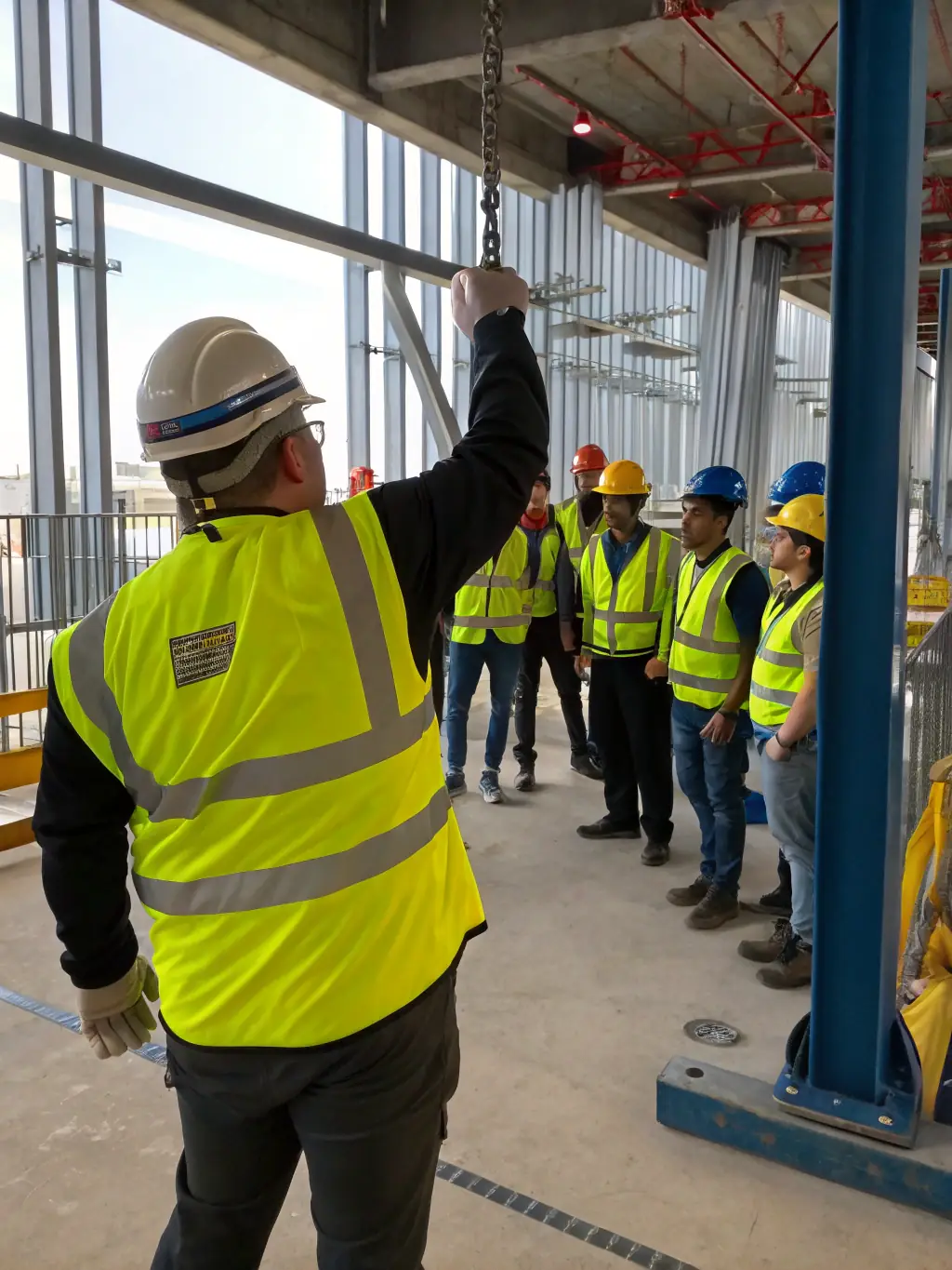 A physiotherapist demonstrating proper lifting technique to a construction worker, emphasizing injury prevention in a workplace setting. The scene is bright and professional, highlighting the practical application of physiotherapy.